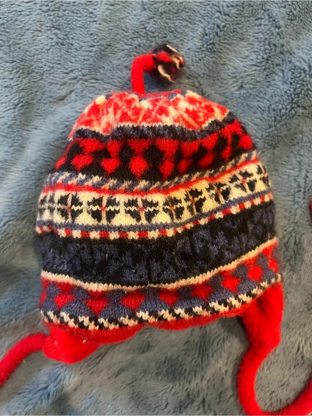 Vintage 90s baby/ young toddler wool/ fleece Red Patterned Earflap Winter Hat